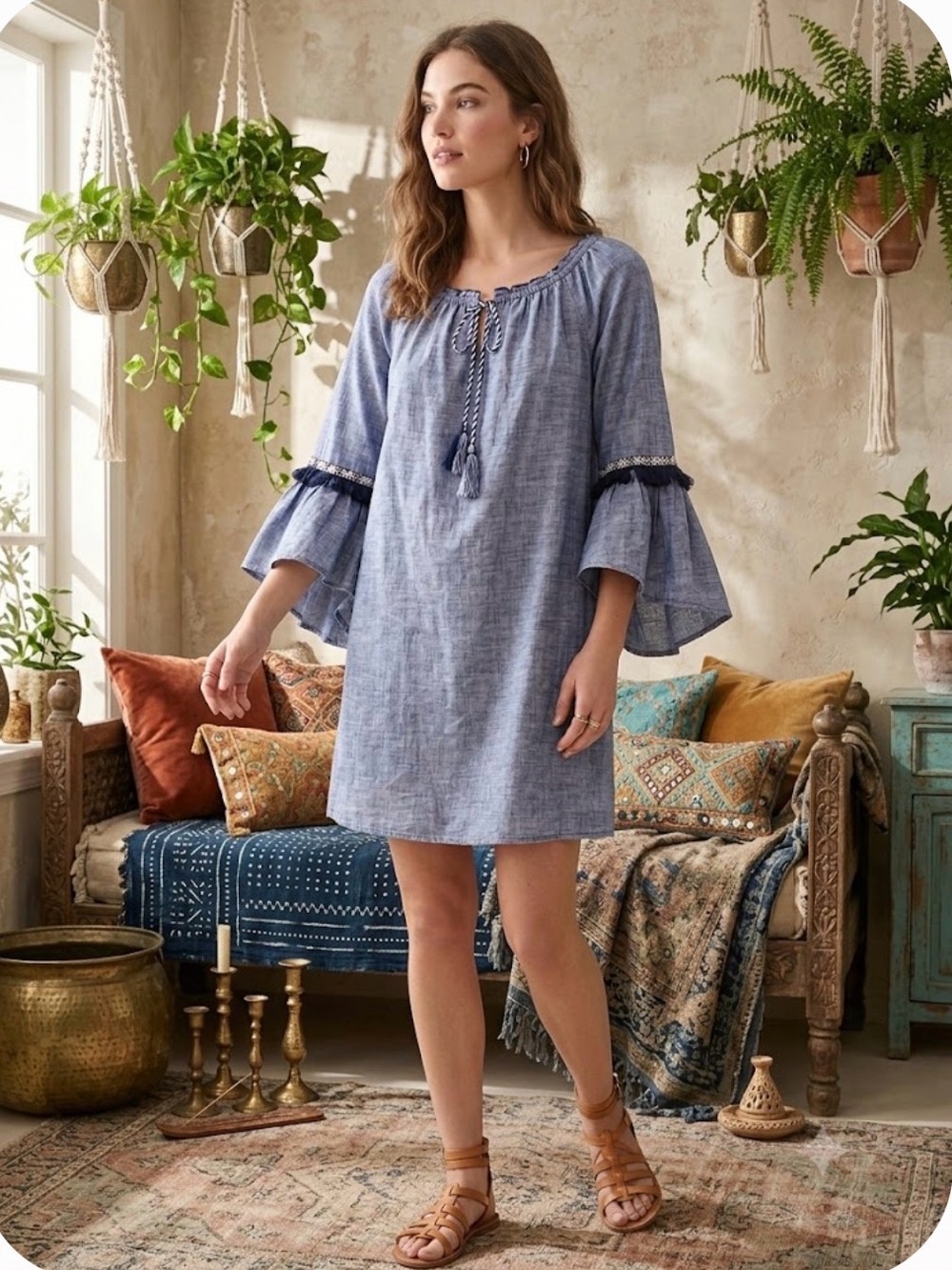 Style & Co. Light Blue Chambray Mini Dress w/ Fringe & Tassel Detail